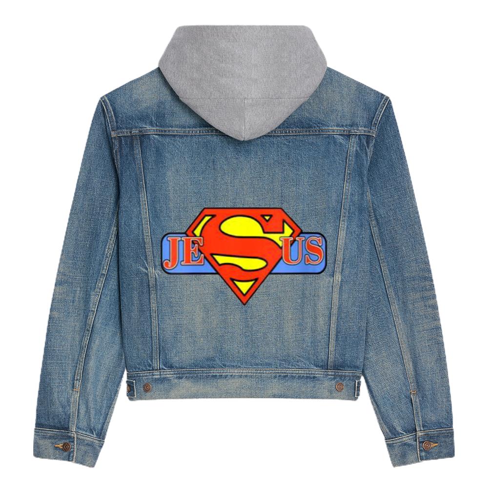 Womens My Superhero Is Jesus, Faith Love God Shirt Hooded Denim Jacket