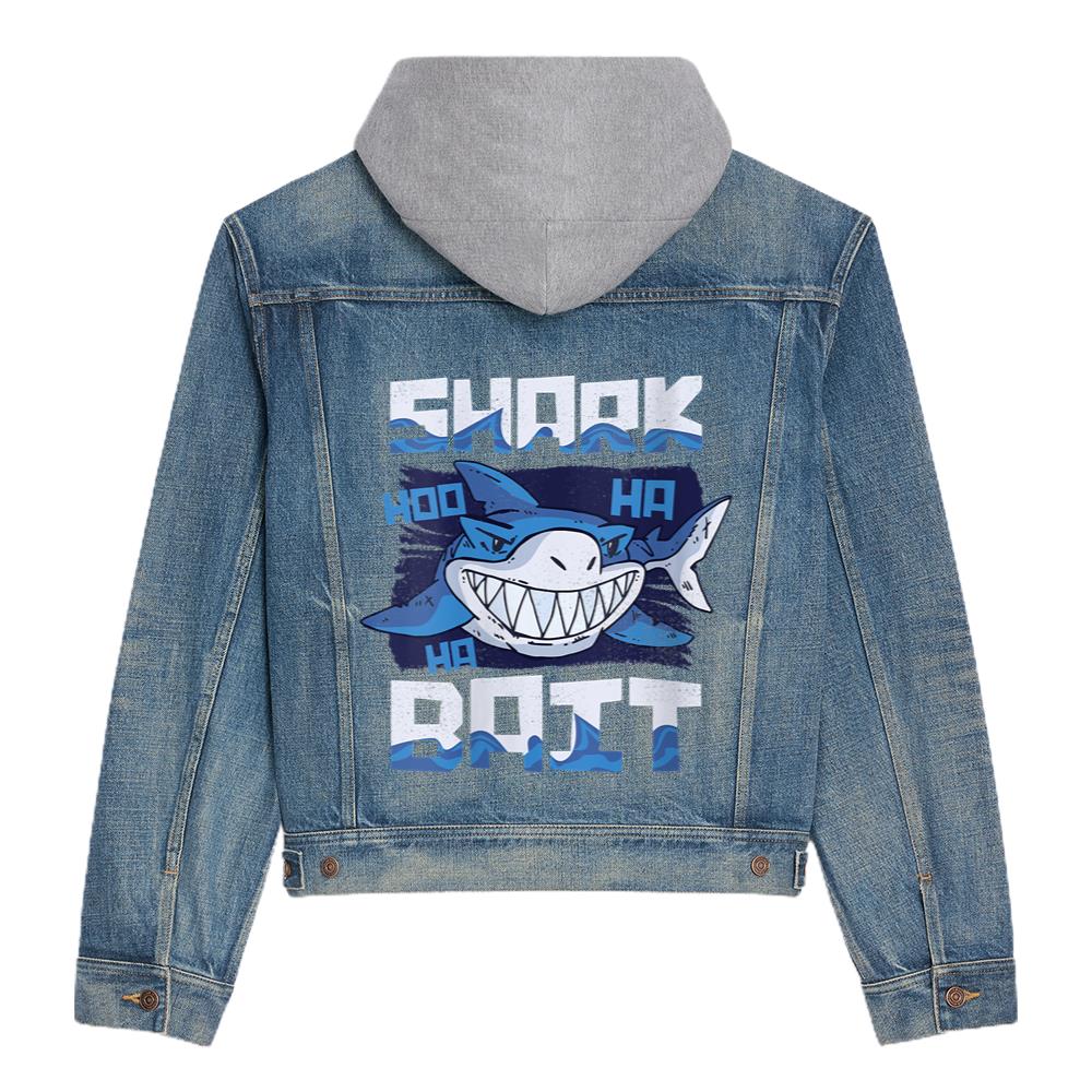 Womens Shark Bait Hoo Ha Ha Funny Funny Shark Of Week Hooded Denim Jacket