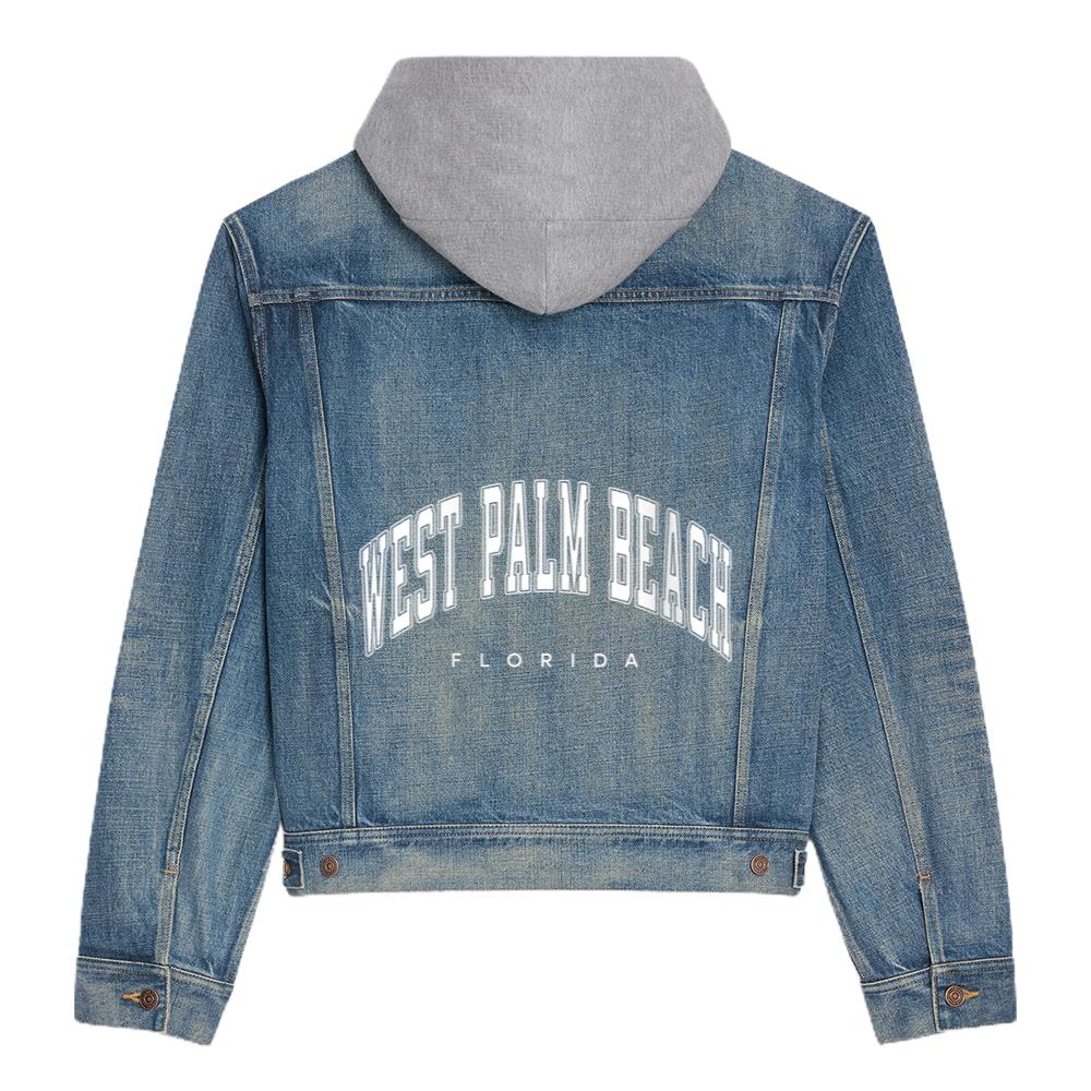 Womens West Palm Beach Florida Fl Varsity Style White Text Hooded Denim Jacket