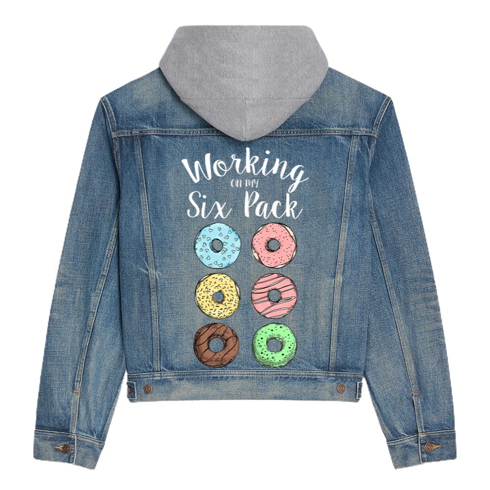 Working On My Six Pack Donut Funny Work Out Hooded Denim Jacket