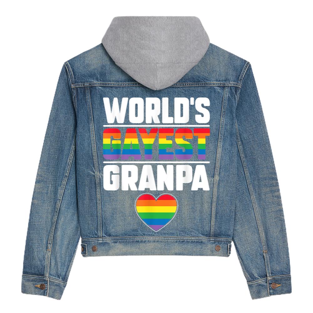 Worlds Gayest Grandpa Funny Gay Pride Lgbt Grandfather Pride Hooded Denim Jacket