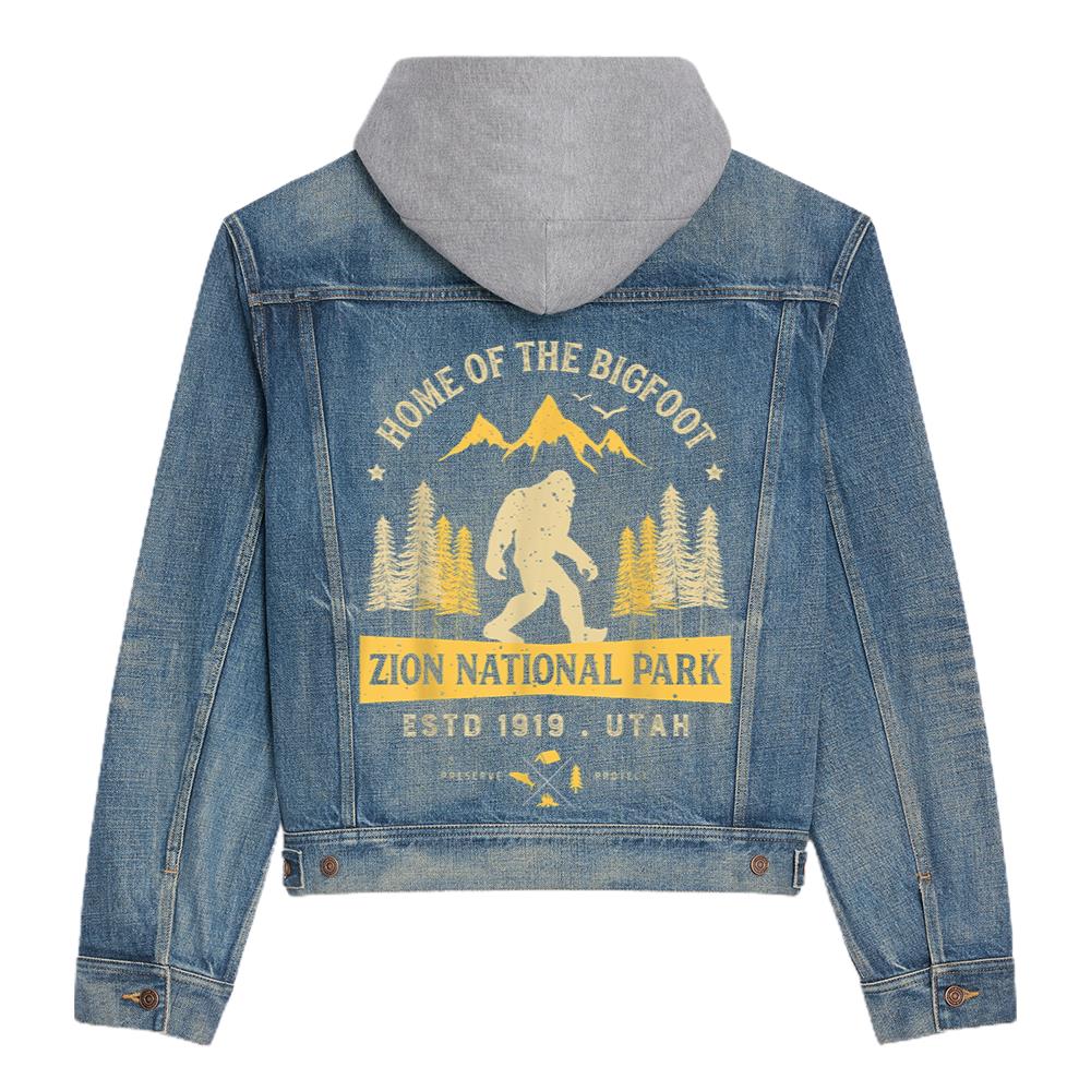 Zion National Park Vintage Bigfoot Utah Men Women Hooded Denim Jacket